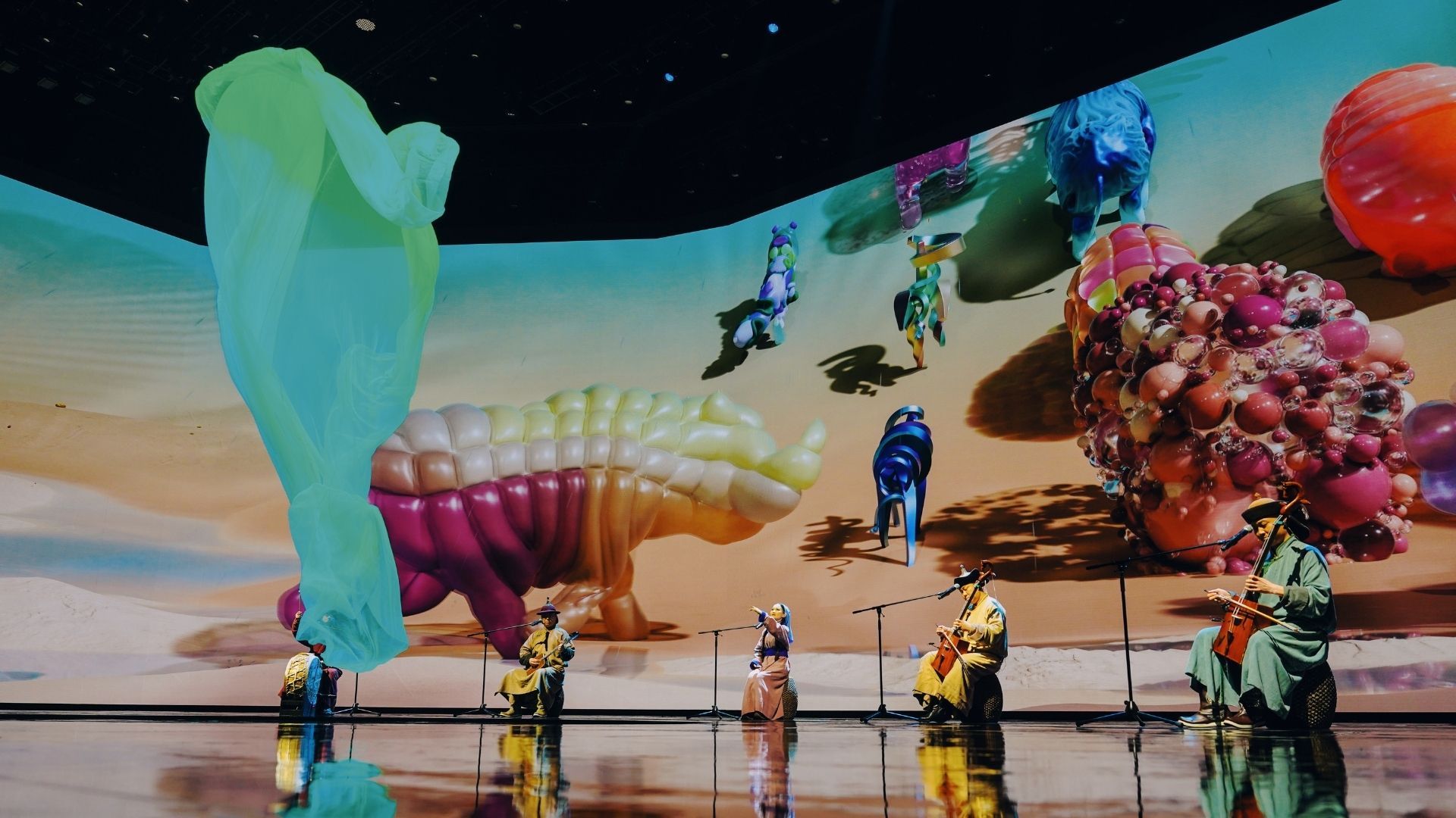 Performers present Khoomei throat singing in “MACAU 2049”, combining traditional vocal artistry with immersive visuals and futuristic stage effects.