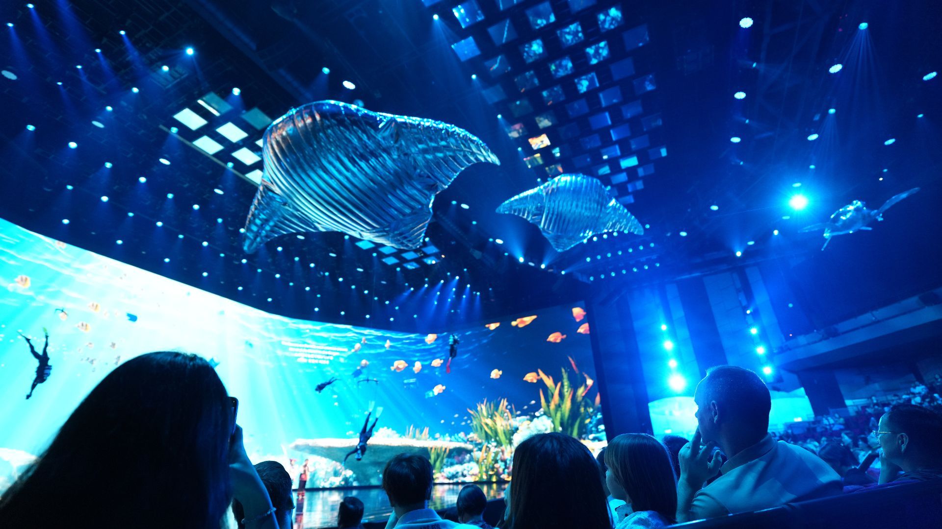 MACAU 2049 live performance Macau featuring digital whale installations, immersive stage design, cultural dance, and family-friendly multimedia spectacle